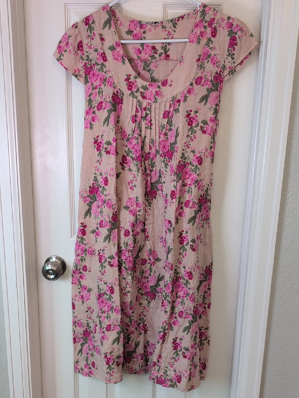 Talia Benson 100% Linen Floral Cream and Pink Cap-Sleeve Cottagecore Dress
